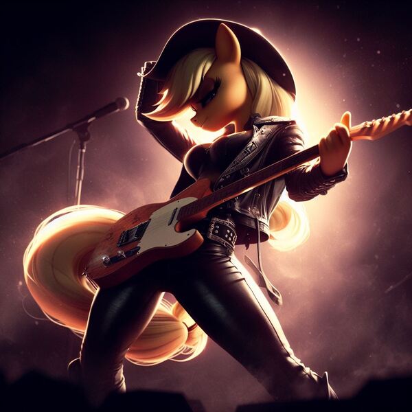 Size: 1024x1024 | Tagged: prompter needed, safe, ai content, derpibooru import, machine learning generated, applejack, anthro, applejack's hat, clothes, concert, cowboy hat, electric guitar, female, fender telecaster, g4, generator:bing image creator, generator:dall-e 3, guitar, hat, image, jacket, jpeg, leather, leather jacket, leather pants, microphone, microphone stand, musical instrument, pants, playing guitar, solo, stage, stetson