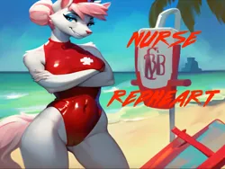 Size: 1024x768 | Tagged: suggestive, ai content, machine learning generated, stable diffusion, nurse redheart, anthro, earth pony, baywatch, beach, breasts, busty nurse redheart, clothes, first aid, hands crossed, image, lifeguard, lifeguard nurse redheart, one-piece swimsuit, png, seductive pose, sexy, smiling, solo, swimsuit