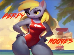 Size: 1024x768 | Tagged: suggestive, ai content, machine learning generated, stable diffusion, derpy hooves, anthro, pegasus, baywatch, beach, breasts, busty derpy hooves, clothes, hands on hip, image, lifeguard, lifeguard derpy hooves, one-piece swimsuit, png, seductive pose, sexy, smiling, solo, swimsuit