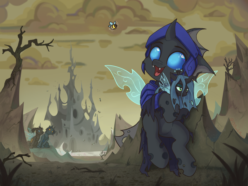 Size: 3856x2891 | Tagged: safe, artist:dorkmark, derpibooru import, queen chrysalis, oc, oc:captain black lotus, oc:dima, oc:helmie, bee, changedling, changeling, insect, pony, armor, changeling oc, chrysalis plushie, cloud, desert, happy, hive, image, plushie, png, tree, wings