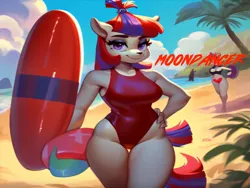 Size: 1024x768 | Tagged: suggestive, ai content, machine learning generated, stable diffusion, moondancer, anthro, unicorn, baywatch, beach, breasts, buoy, busty moondancer, clothes, glasses off, hand on hip, image, lifeguard, lifeguard moondancer, one-piece swimsuit, png, seductive pose, sexy, smiling, solo, swimsuit