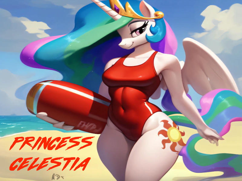 Size: 1024x768 | Tagged: suggestive, ai content, machine learning generated, stable diffusion, princess celestia, alicorn, anthro, baywatch, beach, breasts, buoy, busty princess celestia, clothes, flirty, image, lifeguard, lifeguard princess celestia, one-piece swimsuit, png, seductive pose, sex, smiling, solo, swimsuit