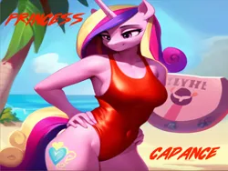 Size: 1024x768 | Tagged: suggestive, ai content, machine learning generated, stable diffusion, princess cadance, alicorn, anthro, baywatch, beach, breasts, busty princess cadance, clothes, female, flirty, hands on hip, image, lifeguard, lifeguard princess cadance, milf, one-piece swimsuit, png, seductive pose, sexy, smiling, solo, swimsuit