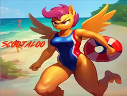 Size: 1024x768 | Tagged: suggestive, ai content, machine learning generated, stable diffusion, scootaloo, anthro, pegasus, baywatch, beach, breasts, buoy, busty scootaloo, clothes, determined, image, lifeguard, lifeguard scootaloo, one-piece swimsuit, png, running, seductive look, sexy, solo, swimsuit