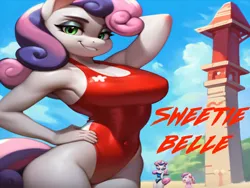 Size: 1024x768 | Tagged: suggestive, ai content, machine learning generated, stable diffusion, sweetie belle, anthro, unicorn, baywatch, beach, breasts, busty sweetie belle, clothes, flirty, grin, hand behind back, hand on hip, image, lifeguard, lifeguard sweetie belle, one-piece swimsuit, png, seductive pose, sexy, smiling, solo, swimsuit, watch tower