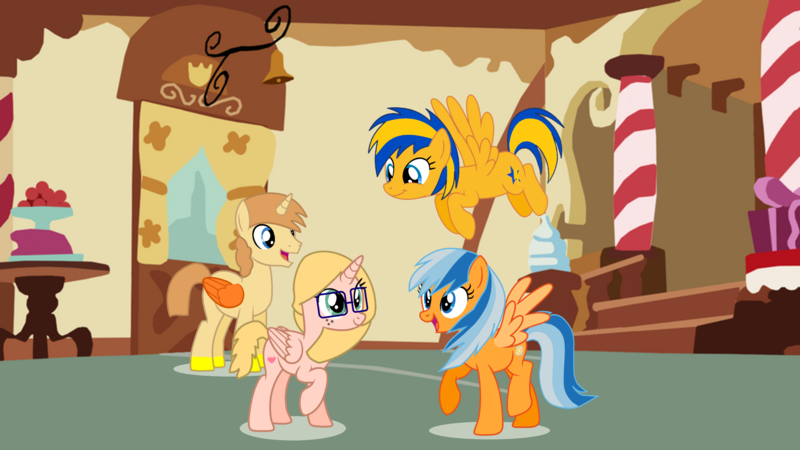 Size: 2245x1264 | Tagged: safe, artist:ncolque, derpibooru import, oc, oc:allie, oc:fidget, oc:flare spark, oc:msalliecat, oc:sunlight, unofficial characters only, alicorn, pegasus, pony, unicorn, female, image, male, png, sugarcube corner, sugarcube corner (interior)