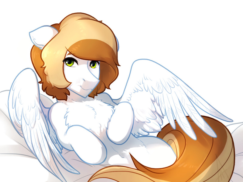 Size: 1280x960 | Tagged: dead source, safe, artist:maccoffee, ponerpics import, oc, oc:coffee cream, unofficial characters only, pegasus, pony, bed, chest fluff, image, jpeg, laying on bed, looking at you, lying down, male, on bed, smiling, smiling at you, solo, spread wings, stallion, wings