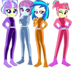 Size: 2089x2007 | Tagged: safe, artist:yaya54320bases, derpibooru import, sour sweet, sunny flare, supernova zap, vinyl scratch, human, equestria girls, base used, catsuit, crossed arms, hand on hip, image, latex, latex suit, looking at you, png, quad, simple background, totally spies, white background
