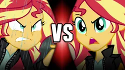Size: 1280x720 | Tagged: safe, derpibooru import, sunset shimmer, equestria girls, friendship games, movie magic, spoiler:eqg specials, angry, clothes, image, jacket, jpeg, leather, leather jacket, narrowed eyes, rage, rageset shimmer, rain, vs