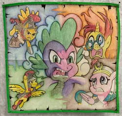 Size: 1280x1220 | Tagged: safe, derpibooru import, idw, flash sentry, somnambula, spike, sunburst, dragon, pegasus, unicorn, legends of magic, spoiler:comic, angry, colored pencil drawing, fight, flying, handkerchief, image, jail, jpeg, prison, shield, shocked, shocked expression, traditional art, worried
