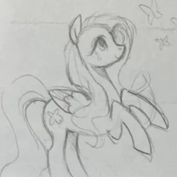 Size: 1542x1542 | Tagged: safe, artist:clowncarpal, derpibooru import, fluttershy, butterfly, insect, pegasus, pony, black and white, female, grayscale, image, jpeg, mare, monochrome, sketch, solo, traditional art