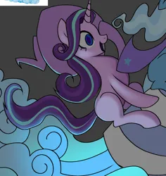 Size: 706x747 | Tagged: safe, artist:clowncarpal, derpibooru import, starlight glimmer, trixie, pony, unicorn, cape, clothes, duo, female, guardians of harmony, hat, image, mare, png, riding, rocket, toy, toy interpretation, trixie's cape, trixie's rocket, wip, witch hat