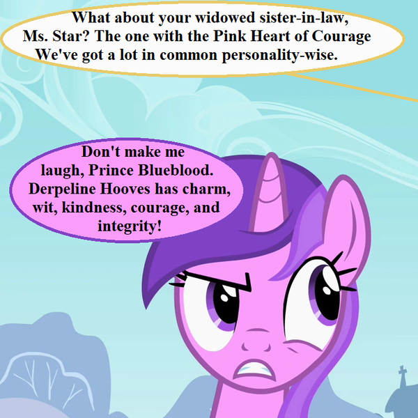 Size: 720x720 | Tagged: safe, derpibooru import, edit, edited screencap, editor:korora, screencap, amethyst star, the mysterious mare do well, amethyst star is not amused, cropped, dialogue, image, implied derpy, implied prince blueblood, offscreen character, png, punctuation error, speech bubble, unamused