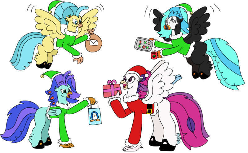 Size: 3153x1944 | Tagged: safe, artist:supahdonarudo, derpibooru import, princess skystar, queen novo, oc, oc:icebeak, oc:sea lilly, classical hippogriff, hippogriff, my little pony: the movie, bag, belt, boots, christmas, clothes, coffee mug, cookie, costume, flying, food, freckles, hat, holding, holiday, image, mistletoe, mug, png, present, santa costume, santa hat, shoes, simple background, transparent background, tray