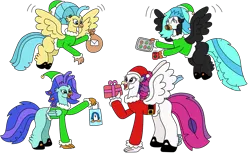 Size: 3153x1944 | Tagged: safe, artist:supahdonarudo, derpibooru import, princess skystar, queen novo, oc, oc:icebeak, oc:sea lilly, classical hippogriff, hippogriff, my little pony: the movie, bag, belt, boots, christmas, clothes, coffee mug, cookie, costume, flying, food, freckles, hat, holding, holiday, image, mistletoe, mug, png, present, santa costume, santa hat, shoes, simple background, transparent background, tray