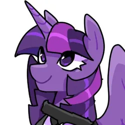 Size: 400x400 | Tagged: safe, artist:clowncarpal, derpibooru import, twilight sparkle, twilight sparkle (alicorn), alicorn, pony, bust, female, gun, handgun, image, mare, pistol, png, simple background, solo, weapon, white background