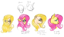 Size: 2875x1651 | Tagged: safe, artist:wtfponytime, derpibooru import, fluttershy, anthro, human, hybrid, pony, cursed image, glasses, human to pony, humanized, image, png, side eye, side view, simple background, sketch, white background