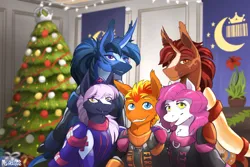 Size: 3600x2400 | Tagged: safe, artist:miramore, derpibooru import, oc, oc:fireheart(fire), oc:nurse lavender blossom, oc:queen lunaris, oc:queen tiara, oc:storm cloud, unofficial characters only, alicorn, bat pony, bat pony alicorn, pegasus, bat wings, card, cute, family, family photo, fireheart76's latex suit design, hearth's warming eve, holiday, holiday card, horn, image, latex, latex suit, png, prisoners of the moon, rubber, rubber suit, wings