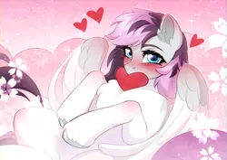 Size: 3507x2480 | Tagged: safe, artist:fenwaru, derpibooru import, oc, oc:sincere shoals, pegasus, blushing, female, flower, heart, image, lesbian, looking at you, lying down, pegasus oc, png, wings