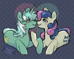 Size: 1775x1405 | Tagged: safe, artist:clowncarpal, derpibooru import, bon bon, lyra heartstrings, sweetie drops, earth pony, pony, unicorn, abstract background, duo, female, heart, holding hooves, image, jpeg, lesbian, lying down, lyrabon, mare, nose to nose, prone, shipping
