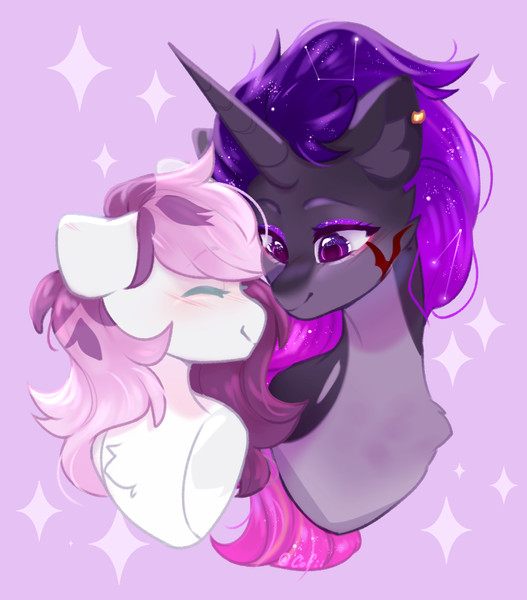 Size: 831x946 | Tagged: safe, artist:cofiiclouds, derpibooru import, oc, unofficial characters only, pegasus, unicorn, blushing, couple, ear piercing, earring, eyes closed, female, horn, image, jewelry, lesbian, looking at each other, looking at someone, multicolored hair, pegasus oc, piercing, png, scar, unicorn oc, wings
