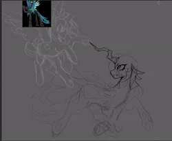 Size: 909x749 | Tagged: safe, artist:clowncarpal, derpibooru import, queen chrysalis, alicorn, changeling, changeling queen, pony, duo, female, image, jpeg, mare, monochrome, sketch, wip