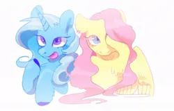 Size: 1011x648 | Tagged: safe, artist:clowncarpal, derpibooru import, fluttershy, trixie, pegasus, pony, unicorn, duo, ear piercing, earring, female, image, jewelry, jpeg, mare, piercing, simple background, tongue out, unshorn fetlocks, white background
