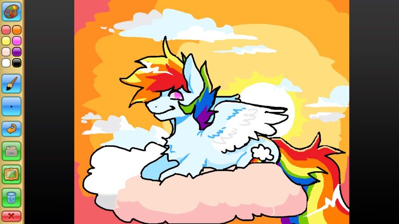 Size: 1191x670 | Tagged: safe, artist:clowncarpal, derpibooru import, rainbow dash, pegasus, pony, animal jam, chest fluff, cloud, colored wings, colored wingtips, female, image, jpeg, lying down, mare, on a cloud, prone, solo, sun, wings