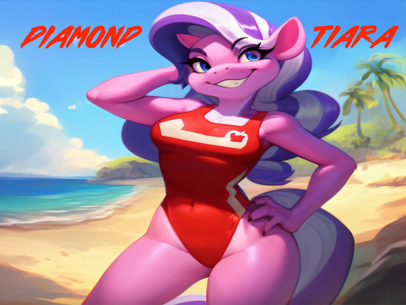 Size: 1024x768 | Tagged: suggestive, ai content, machine learning generated, stable diffusion, diamond tiara, anthro, unicorn, baywatch, beach, breasts, busty diamond tiara, clothes, flirty, grin, hand behind back, hand on hip, image, lifeguard, lifeguard diamond tiara, one-piece swimsuit, png, seductive, sexy, smiling, solo, swimsuit