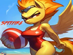 Size: 1024x768 | Tagged: suggestive, ai content, machine learning generated, stable diffusion, spitfire, anthro, pegasus, baywatch, beach, breasts, buoy, busty spitfire, clothes, determined, image, lifeguard, lifeguard spitfire, one-piece swimsuit, png, running, sexy, solo, swimsuit