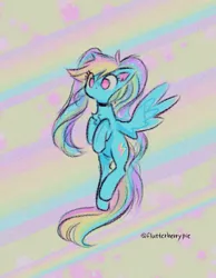 Size: 987x1275 | Tagged: safe, artist:flutterberrypie, derpibooru import, rainbow dash, pegasus, pony, alternate hairstyle, chest fluff, cute, dashabetes, female, image, mare, no pupils, pigtails, png, rainbow background, signature, solo, spread wings, twintails, wings