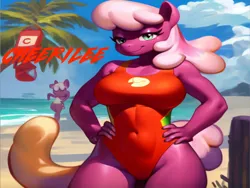 Size: 1024x768 | Tagged: suggestive, ai content, machine learning generated, stable diffusion, cheerilee, anthro, earth pony, baywatch, beach, breasts, busty cheerilee, flirty, hands on hip, image, lifeguard, lifeguard cheerilee, one-piece swimsuit, png, seductive pose, sexy, smiling, solo, swimsuit