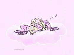 Size: 1501x1126 | Tagged: safe, artist:flutterberrypie, derpibooru import, fluttershy, cat, pegasus, pony, cloud, cute, image, lying down, lying on a cloud, on a cloud, onomatopoeia, pink background, plushie, png, shyabetes, side, simple background, sleeping, snuggling, solo, sound effects, zzz