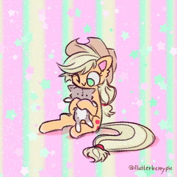 Size: 835x835 | Tagged: safe, artist:flutterberrypie, derpibooru import, applejack, cat, earth pony, pony, commission, cute, hug, image, jackabetes, jpeg, looking down, one eye closed, rainbow background, sitting, solo, stars