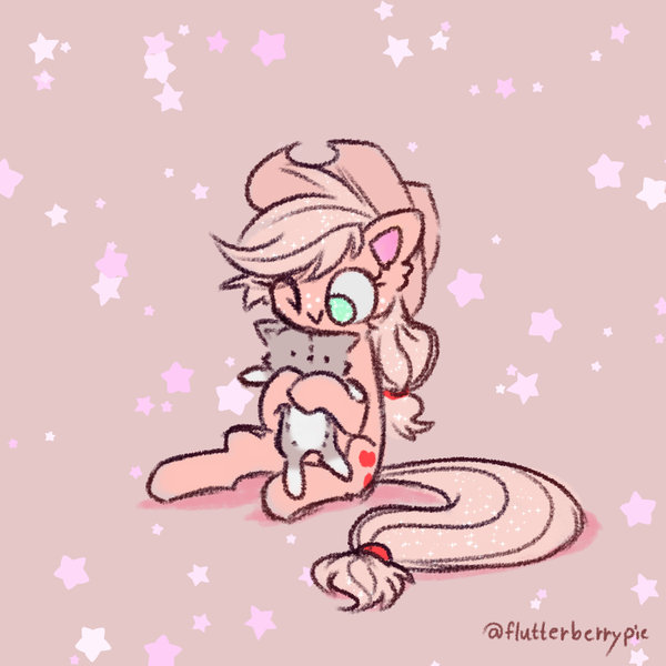 Size: 1044x1044 | Tagged: safe, alternate version, artist:flutterberrypie, derpibooru import, applejack, cat, earth pony, pony, brown background, commission, cute, hug, image, jackabetes, looking down, one eye closed, png, simple background, sitting, solo, stars