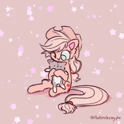 Size: 1044x1044 | Tagged: safe, alternate version, artist:flutterberrypie, derpibooru import, applejack, cat, earth pony, pony, brown background, commission, cute, hug, image, jackabetes, looking down, one eye closed, png, simple background, sitting, solo, stars