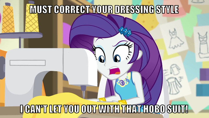 Size: 1066x600 | Tagged: safe, derpibooru import, edit, edited screencap, editor:twi clown, screencap, rarity, human, equestria girls, equestria girls series, caption, female, image, image macro, png, sewing, sewing machine, solo, text, the incredibles