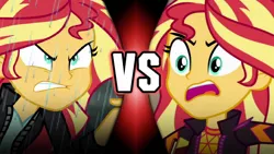 Size: 1280x720 | Tagged: safe, derpibooru import, sunset shimmer, equestria girls, equestria girls series, friendship games, sunset's backstage pass!, spoiler:eqg series (season 2), angry, image, jpeg, rage, vs