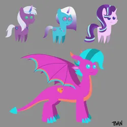 Size: 3000x3000 | Tagged: safe, artist:banquo0, derpibooru import, starlight glimmer, dragon, pony, unicorn, g5, auroricorn, blaize skysong, comet (g5), female, g4, gray background, image, male, mare, png, pointy ponies, simple background, stallion, violet frost
