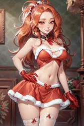 Size: 1024x1536 | Tagged: suggestive, ai content, derpibooru import, machine learning generated, adagio dazzle, human, belly button, big breasts, bow, breasts, bust, busty adagio dazzle, christmas, cleavage, clothes, costume, female, g4, generator:yodayo, gloves, holiday, humanized, image, jpeg, long gloves, long hair, looking at you, midriff, miniskirt, neck bow, ponytail, prompter:sammykun, santa costume, seductive, sexy, short shirt, skirt, smiling, socks, solo, stupid sexy adagio dazzle, sultry, sultry pose, the quality of ai art is frightening, thigh highs, tube top, wide hips