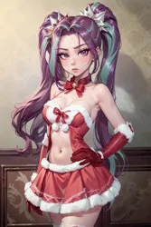 Size: 1024x1536 | Tagged: suggestive, ai content, derpibooru import, machine learning generated, aria blaze, human, annoyed, ariabetes, belly button, big breasts, bow, breasts, bust, busty aria blaze, christmas, cleavage, clothes, costume, cute, female, g4, generator:yodayo, gloves, holiday, humanized, image, jpeg, long gloves, long hair, looking at you, midriff, miniskirt, neck bow, pigtails, prompter:sammykun, santa costume, seductive, serious, serious face, sexy, short shirt, skirt, smiling, socks, solo, stupid sexy aria blaze, sultry, sultry pose, the quality of ai art is frightening, thigh highs, tube top, twintails, wide hips