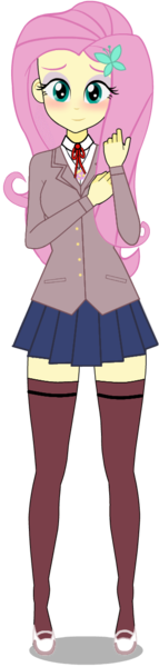 Size: 297x1250 | Tagged: safe, artist:edy_january, derpibooru import, fluttershy, human, equestria girls, equestria girls series, alternate name, blushing, butterfly hairpin, clothes, doki doki literature club, female, g4, geode of fauna, humanized, image, kisekae, magical geodes, parody, png, reference, ribbon, school uniform, schoolgirl, shirt, shoes, simple background, socks, solo, stockings, suit, thigh highs, transparent background, uniform