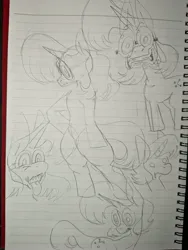 Size: 3072x4080 | Tagged: safe, artist:rubyrelax, derpibooru import, oc, oc:twister pop, unicorn, bipedal, faic, glasses, gritted teeth, hoof on hip, image, jpeg, lined paper, looking at you, male, sketch, sketch dump, teeth, tongue out, traditional art