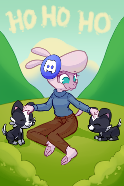 Size: 600x900 | Tagged: safe, artist:hitsuji, derpibooru import, discord, anthro, dog, sheep, them's fightin' herds, clothes, cloud, cloven hooves, community related, image, lamb, png, pom (tfh), puppy, sweater, turtleneck