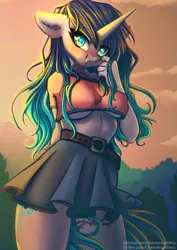 Size: 3508x4961 | Tagged: safe, artist:chaosangeldesu, derpibooru import, oc, oc:stardust splash, unofficial characters only, anthro, pony, unicorn, belt, blushing, clothes, commission, cute, image, jpeg, looking at you, mountain, skirt, smiling, smiling at you, solo, sunset, ych result