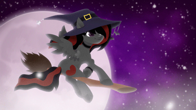 Size: 640x360 | Tagged: safe, artist:rumista, derpibooru import, oc, oc:se solar eclipse, unofficial characters only, pegasus, pony, animated, beautiful, bow, broom, butt, choker, clothes, cloud, female, flowing mane, flowing tail, flying, flying broomstick, gif, goth, gothic, gradient mane, gradient tail, halloween, hat, holiday, image, moon, night, nightmare night, pegasus oc, plot, pony oc, smiling, solo, sparkles, stars, tail, watch, wings, witch, witch hat, wristwatch