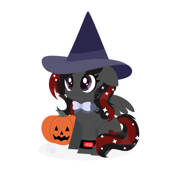 Size: 3000x3000 | Tagged: safe, artist:zakypo, derpibooru import, oc, oc:se solar eclipse, unofficial characters only, pegasus, pony, beautiful, bowtie, chibi, cute, halloween, halloween 2023, happy, hat, holiday, image, jack-o-lantern, pegasus oc, png, pony oc, pumpkin, simple background, smiling, solo, sparkles, transparent background, watch, wings, witch hat, wristwatch