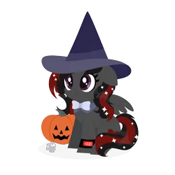 Size: 3000x3000 | Tagged: safe, artist:zakypo, derpibooru import, oc, oc:se solar eclipse, unofficial characters only, pegasus, pony, beautiful, bowtie, chibi, cute, halloween, halloween 2023, happy, hat, holiday, image, jack-o-lantern, pegasus oc, png, pony oc, pumpkin, simple background, smiling, solo, sparkles, transparent background, watch, wings, witch hat, wristwatch