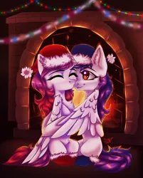 Size: 1368x1700 | Tagged: safe, artist:jsunlight, derpibooru import, oc, oc:annie berryheart, oc:ellie berryheart, unofficial characters only, pegasus, pony, unicorn, bonfire, christmas, clothes, cute, duo, duo female, ear fluff, fairy wings, female, fire, fireplace, fluffy, g4, happy new year, hat, holiday, hug, image, kissing, long eyelashes, love, new years eve, night, png, red eyes, romantic, room, socks, tail, wings