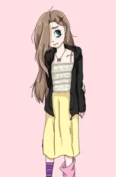 Size: 1345x2041 | Tagged: artist needed, safe, derpibooru import, fluttershy, human, barrette, brown hair, clothes, cutie mark accessory, cutie mark necklace, hair over one eye, humanized, image, jacket, jewelry, jpeg, long hair, mismatched socks, natural hair color, necklace, nervous, pink background, simple background, skirt, socks, solo